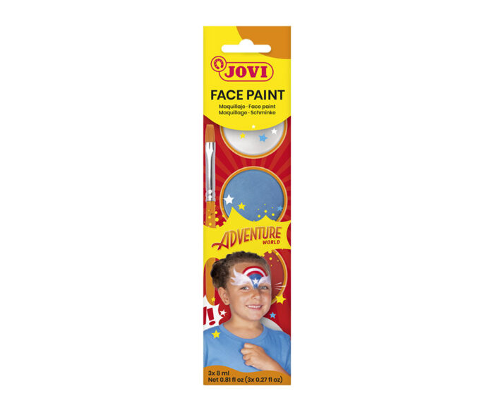 BOÎTE 3 POTS DE 8ML MAQUILLAGE ADVENTURE COULEURS ( blanc, rouge et bleu clair )  + UNE ÉPONGE À MAQUILLAGE ET UN PINCEAU PLAT – Image 5