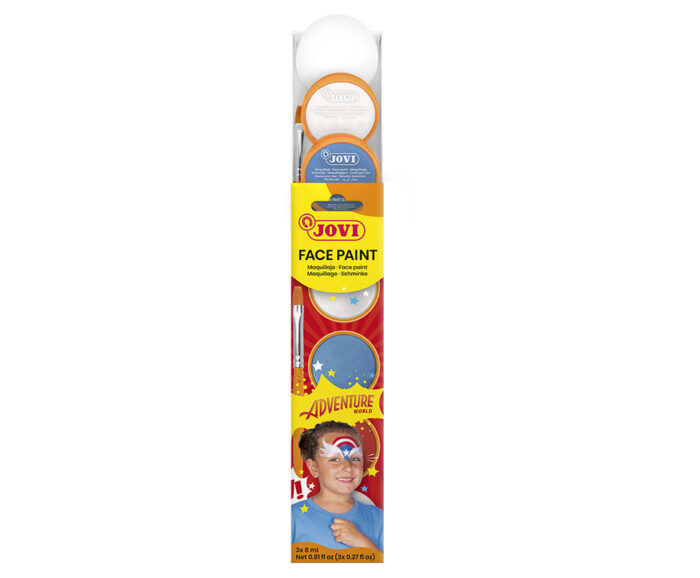 BOÎTE 3 POTS DE 8ML MAQUILLAGE ADVENTURE COULEURS ( blanc, rouge et bleu clair )  + UNE ÉPONGE À MAQUILLAGE ET UN PINCEAU PLAT – Image 4