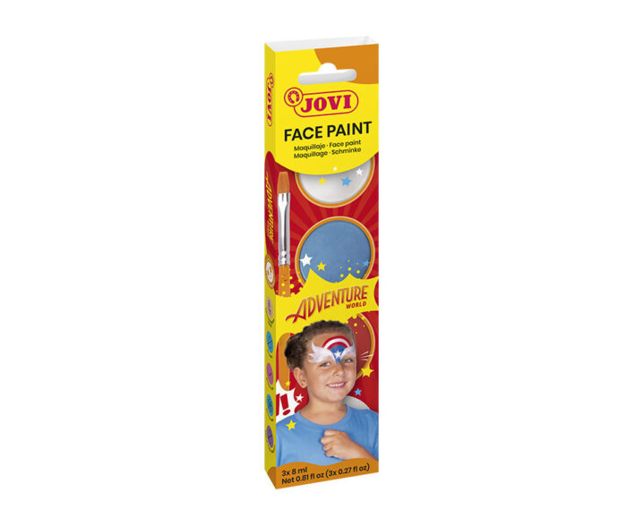 BOÎTE 3 POTS DE 8ML MAQUILLAGE ADVENTURE COULEURS ( blanc, rouge et bleu clair )  + UNE ÉPONGE À MAQUILLAGE ET UN PINCEAU PLAT – Image 6