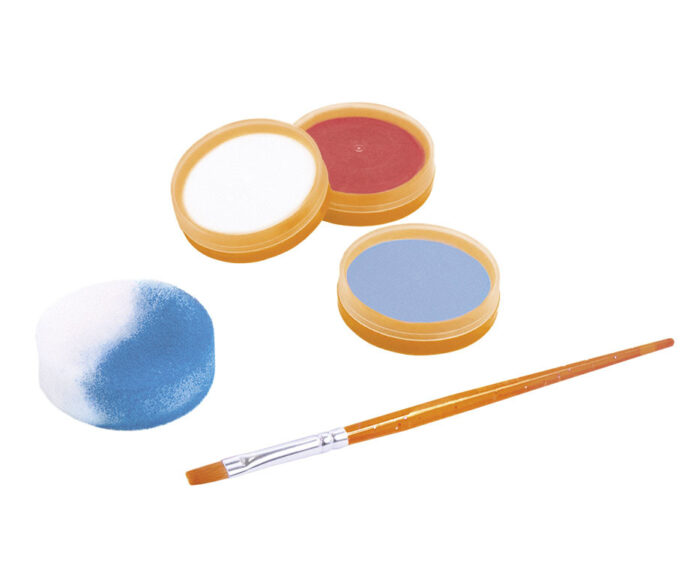 BOÎTE 3 POTS DE 8ML MAQUILLAGE ADVENTURE COULEURS ( blanc, rouge et bleu clair )  + UNE ÉPONGE À MAQUILLAGE ET UN PINCEAU PLAT – Image 3