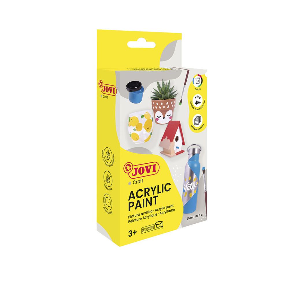 JV174 BOITE DE 6 POTS PEINTURE ACRYLIQUE – 55 ML DE COULEURS ASSORTIES + PINCEAU JV174 BOITE DE 6 POTS PEINTURE ACRYLIQUE - 55 ML DE COULEURS ASSORTIES + PINCEAU – Image 1