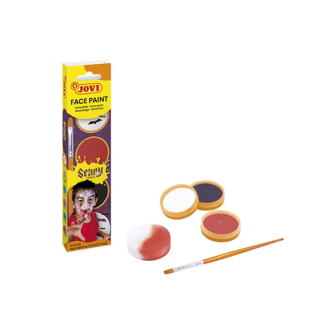 bes(45) BOÎTE 3 POTS DE 8ML MAQUILLAGE SCARY COULEURS ( rose, bleu clair et argent ) + UNE ÉPONGE À MAQUILLAGE ET UN PINCEAU PLAT – Image 1
